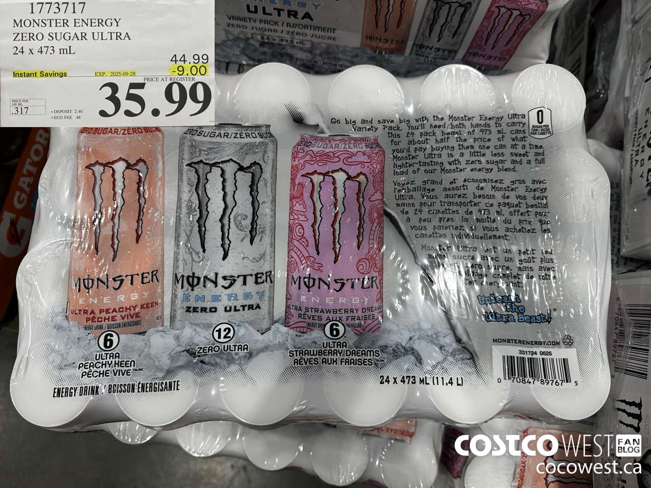 1773717 MONSTER ENERGY ZERO SUGAR ULTRA 94 x 473 mL ($9.00 INSTANT SAVINGS EXPIRES ON 2025-09-28) $35.99