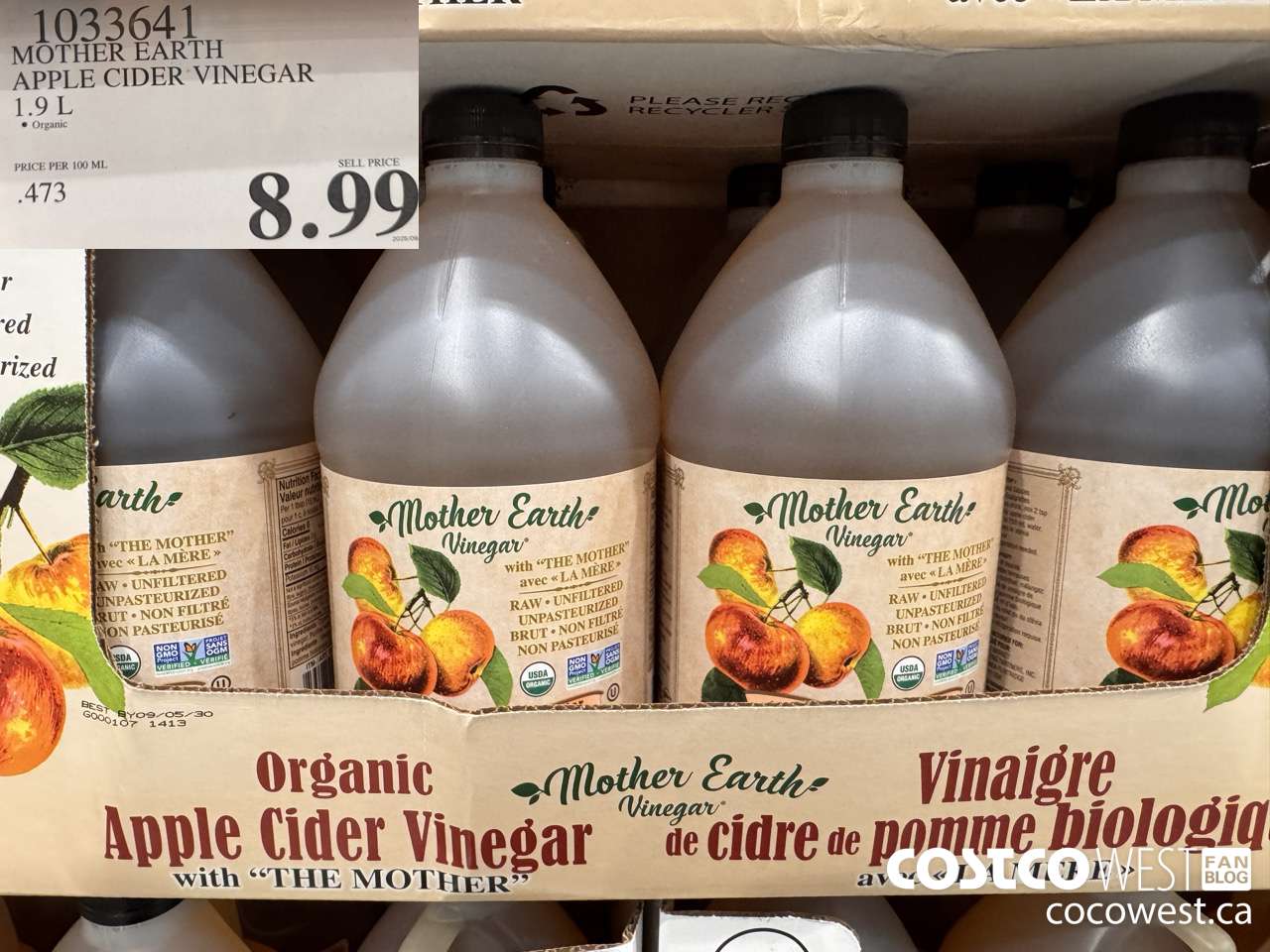 1033641 MOTHER EARTH ORGANIC APPLE CIDER VINEGAR 1.9L $8.99