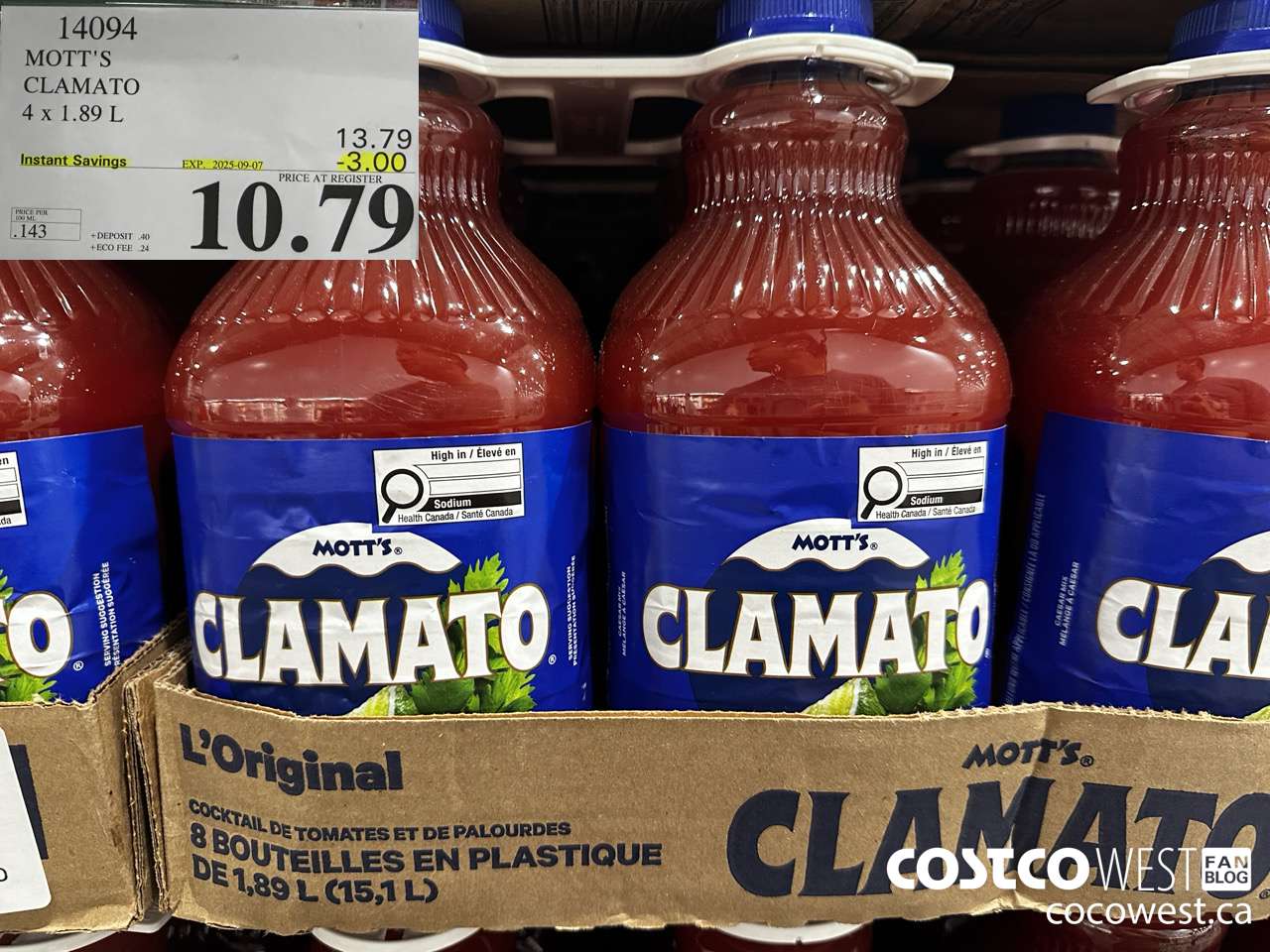 14094 MOTTS CLAMATO JUICE 4 X 1.89 L ($3.00 INSTANT SAVINGS EXPIRES ON 2025-09-07) $10.79