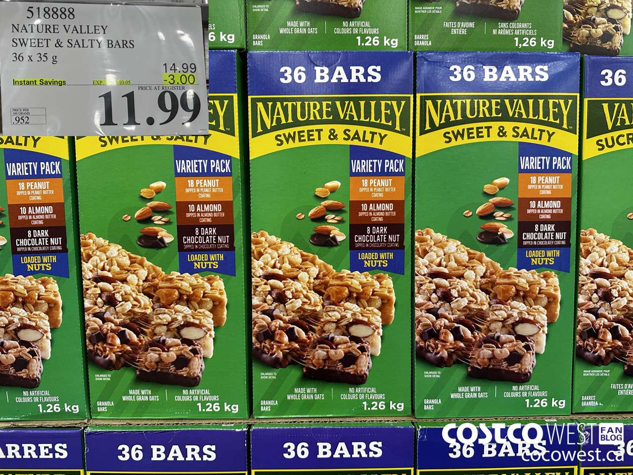 518888 NATURE VALLEY SWEET & SALTY BARS 36 X 35 G ($3.00 INSTANT SAVINGS EXPIRES ON 2025-10-05) $11.99