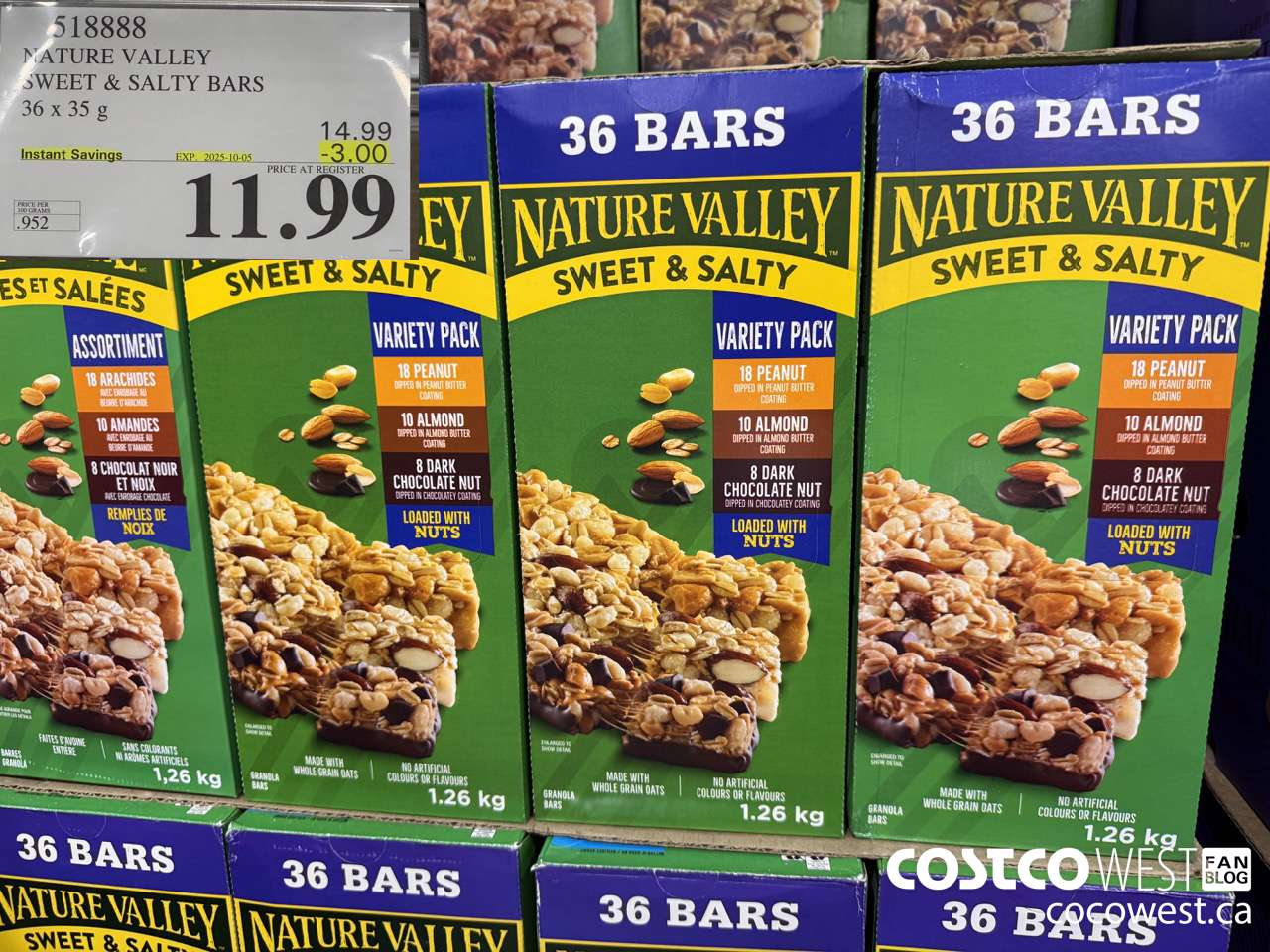 518888 NATURE VALLEY SWEET & SALTY BARS 36 X 35 G ($3.00 INSTANT SAVINGS EXPIRES ON 2025-10-05) $11.99