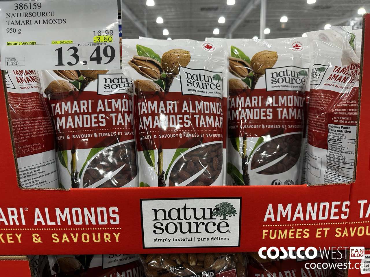 386159 NATURSOURCE TAMARI ALMONDS 950 g ($3.50 INSTANT SAVINGS EXPIRES ON 2025-09-21) $13.49