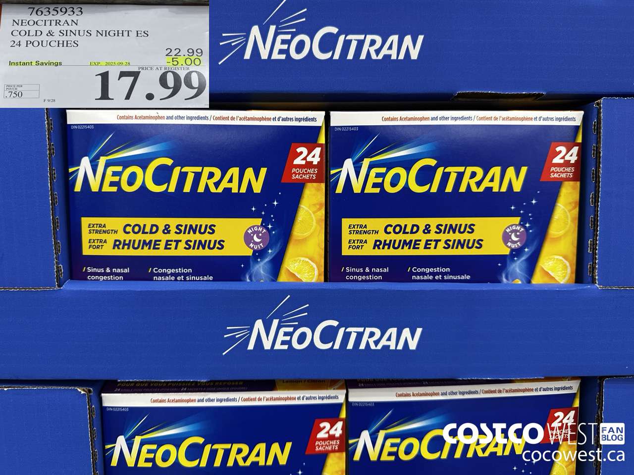7635933 NEOCITRAN COLD & SINUS NIGHT ES 24 POUCHES ($5.00 INSTANT SAVINGS EXPIRES ON 2025-09-28) $17.99