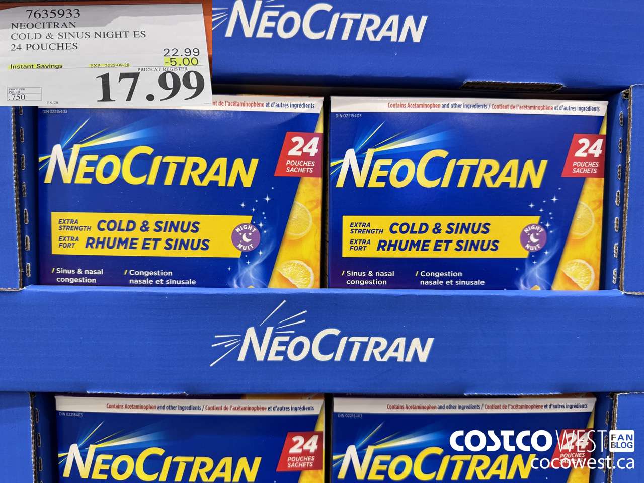 7635933 NEOCITRAN COLD & SINUS NIGHT ES 24 POUCHES ($5.00 INSTANT SAVINGS EXPIRES ON 2025-09-28) $17.99