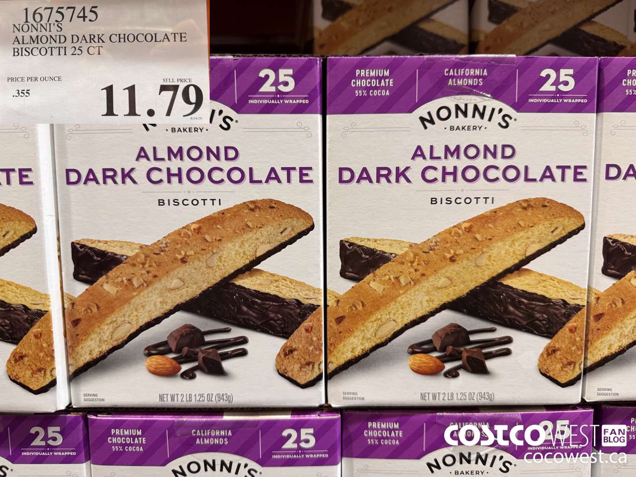 1675745 NONNI'S ALMOND DARK CHOCOLATE BISCOTTI 25 CT $11.79