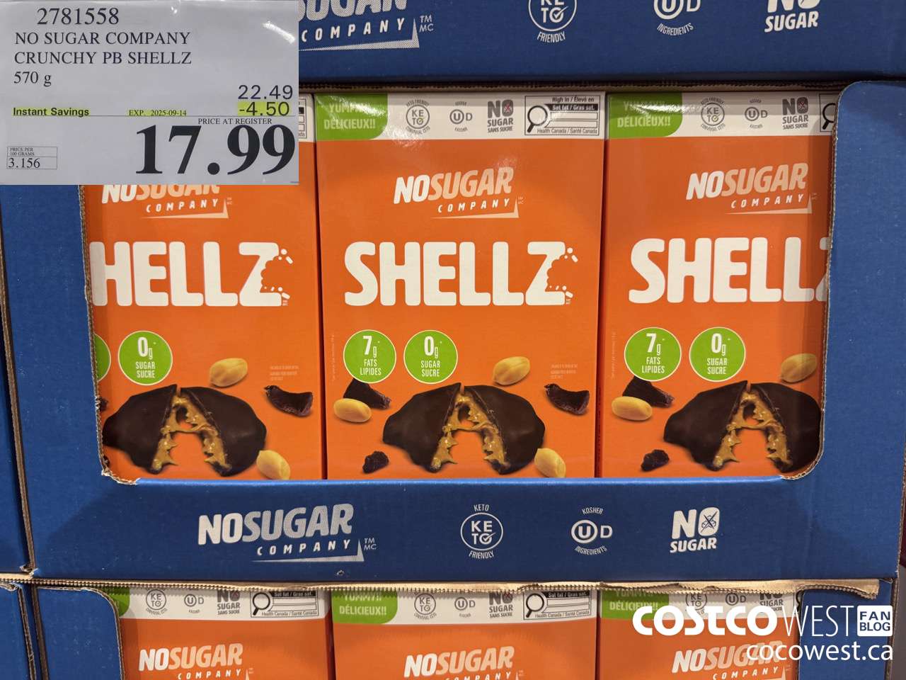 2781558 NO SUGAR COMPANY CRUNCHY PB SHEELZ 570G ($4.50 INSTANT SAVINGS EXPIRES ON 2025-09-14) $17.99