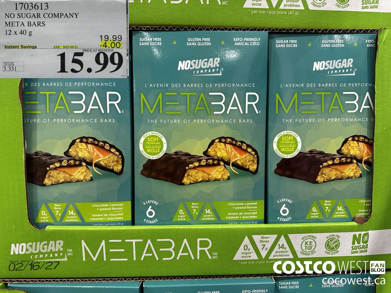 1703613 NO SUGAR COMPANY META BARS 12 x 40g ($4.00 INSTANT SAVINGS EXPIRES ON 2025-09-21) $15.99