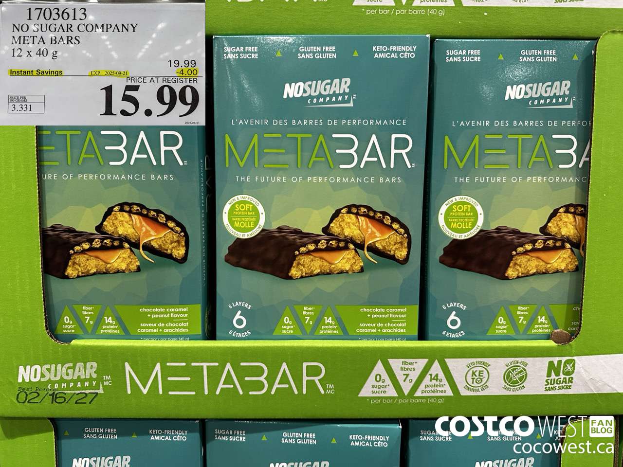 1703613 NO SUGAR COMPANY META BARS 12 x 40g ($4.00 INSTANT SAVINGS EXPIRES ON 2025-09-21) $15.99