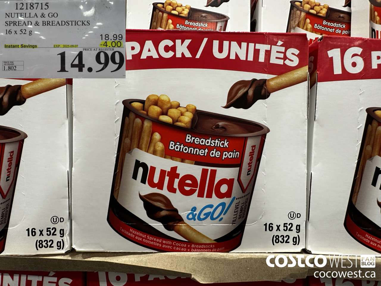 1218715 NUTELLA AND GO SPREAD & BREADSTICKS 16 X 52 G ($4.00 INSTANT SAVINGS EXPIRES ON 2025-09-07) $14.99
