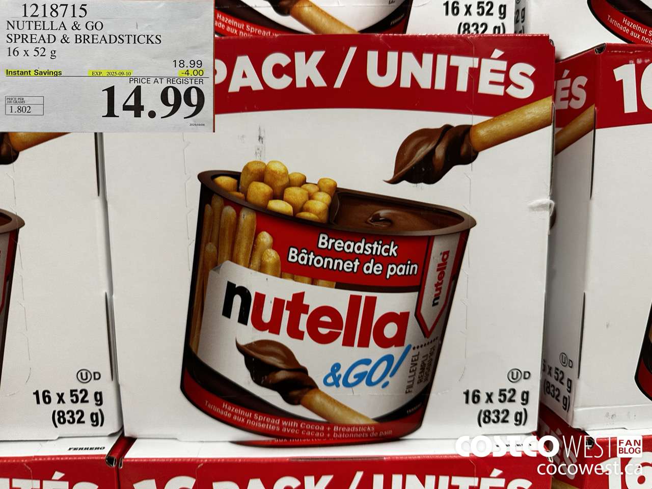 1218715 NUTELLA AND GO SPREAD & BREADSTICKS 16 X 52 G ($4.00 INSTANT SAVINGS EXPIRES ON 2025-09-10) $14.99