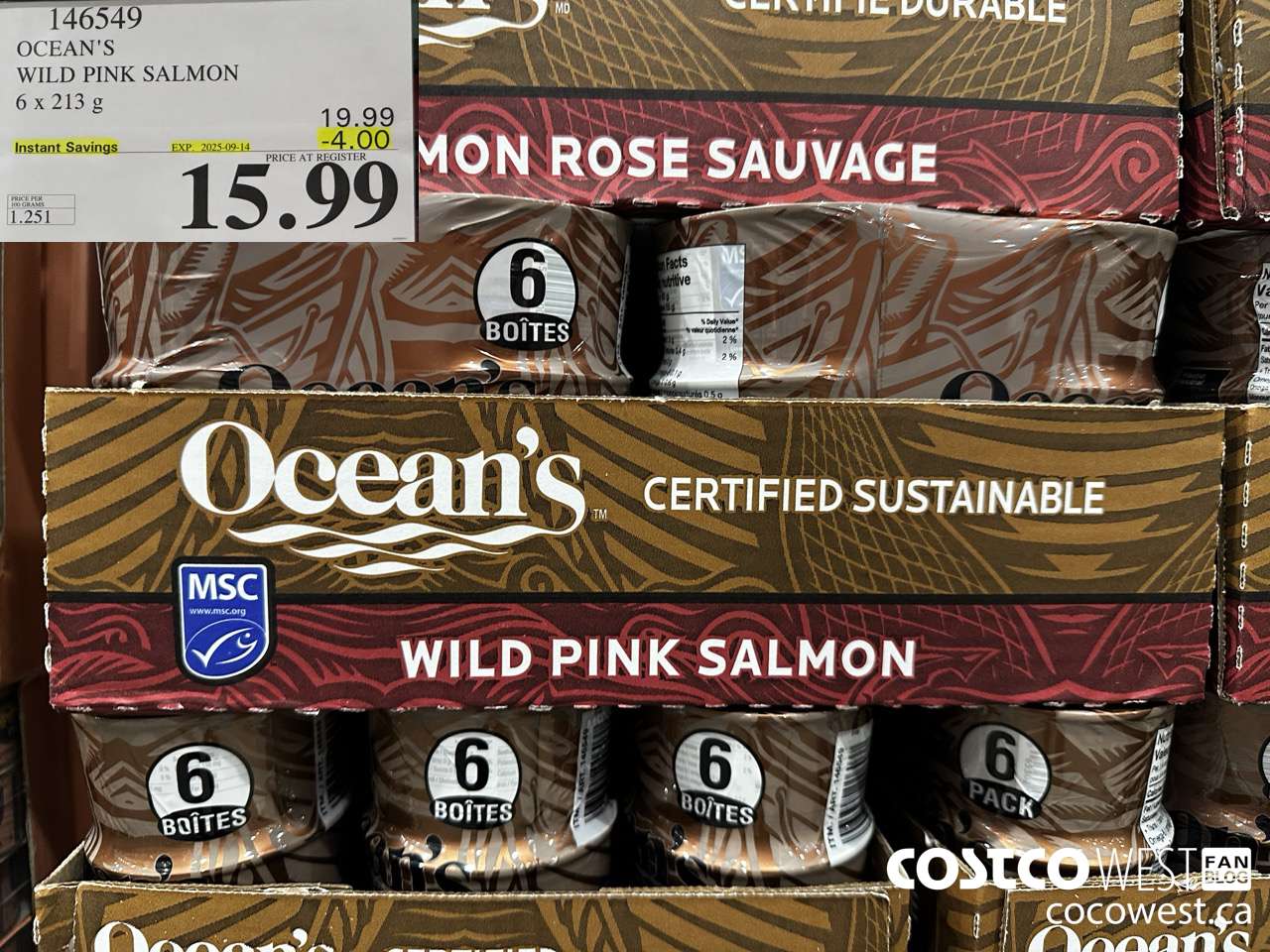 146549 OCEAN'S PINK SALMON 6 X 213 G ($4.00 INSTANT SAVINGS EXPIRES ON 2025-09-14) $15.99