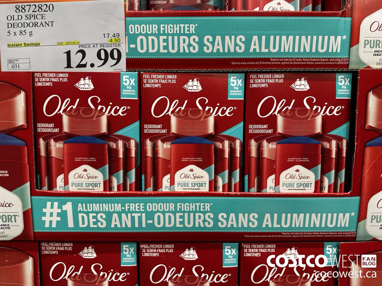 8872820 OLD SPICE DEODORANT 5 x 85 g ($4.50 INSTANT SAVINGS EXPIRES ON 2025-09-14) $12.99