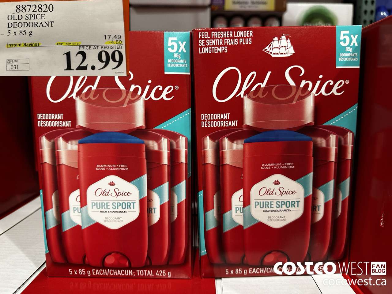 8872820 OLD SPICE DEODORANT 5 x 85 g ($4.50 INSTANT SAVINGS EXPIRES ON 2025-09-14) $12.99