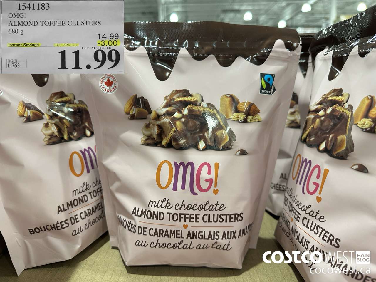 1541183 OMG! ALMOND TOFFEE CLUSTERS 680g  ($3.00 INSTANT SAVINGS EXPIRES ON 2025-10-12) $11.99