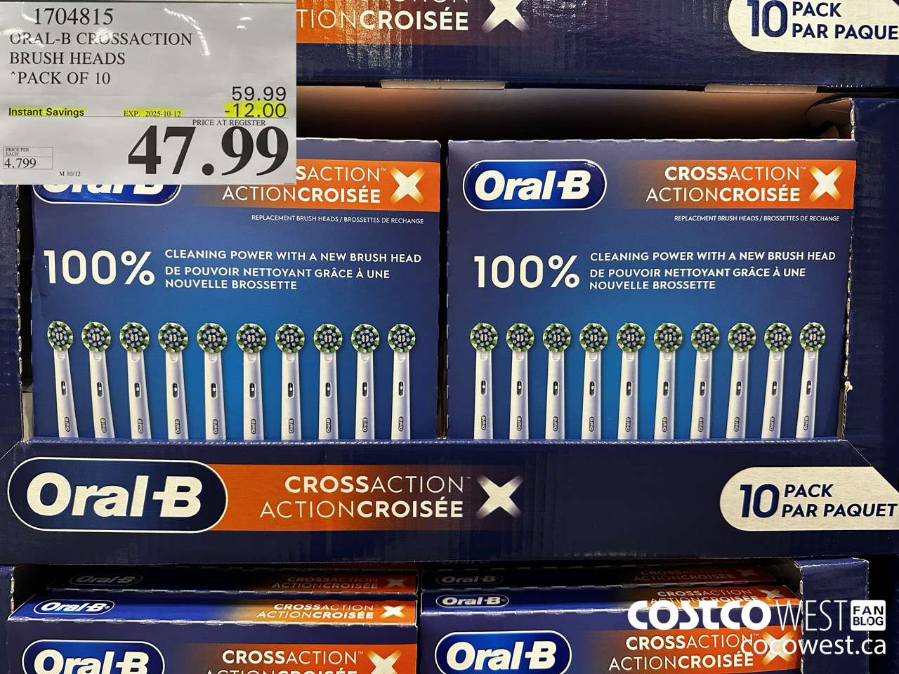 1704815 ORAL-B CROSSACTION BRUSH HEADS PACK OF 10 ($12.00 INSTANT SAVINGS EXPIRES ON 2025-10-12) $47.99