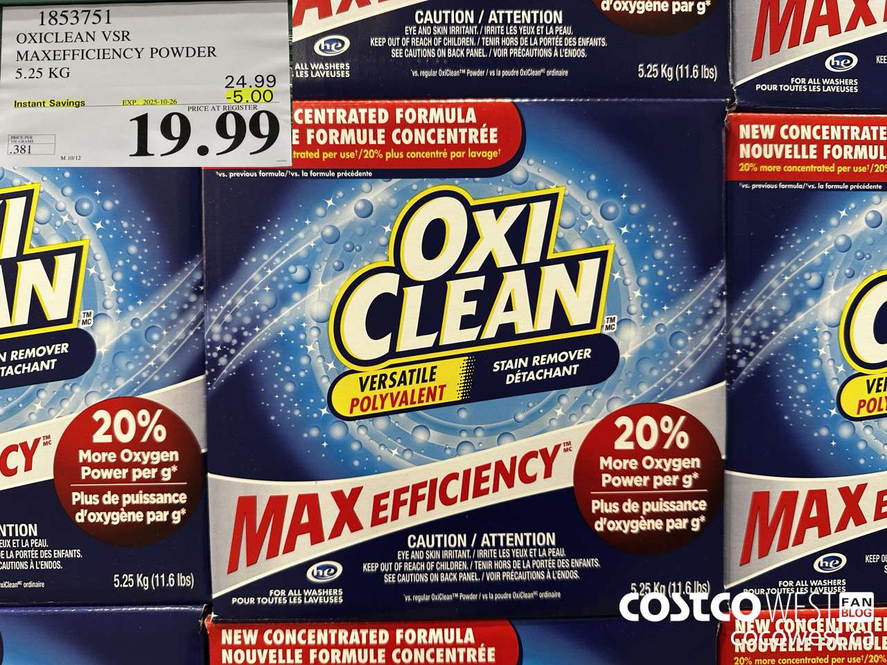 1853751 OXICLEAN VSR MAXEFFICIENCY POWDER 5.25KG ($5.00 INSTANT SAVINGS EXPIRES ON 2025-10-26) $19.99