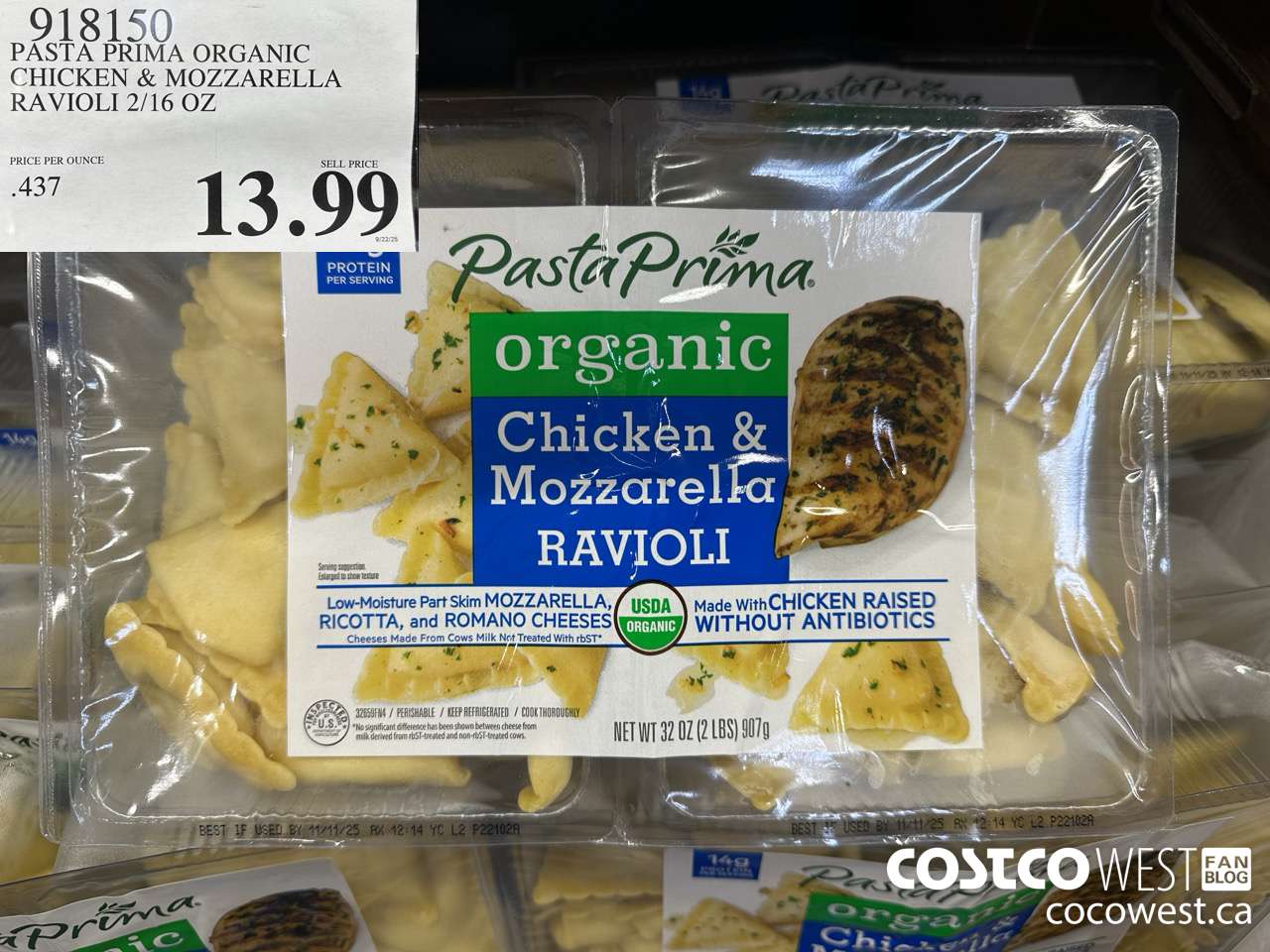 918150 PASTA PRIMA ORGANIC CHICKEN & MOZZ RAVIOLI 2/16 OZ $13.99