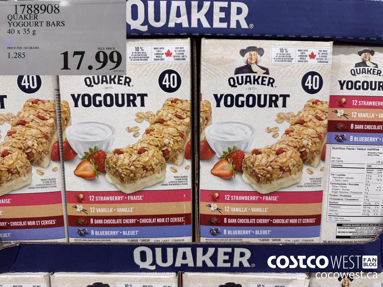 1788908 QUAKER CHEWY YOGOURT BARS 40 X 35 G $17.99
