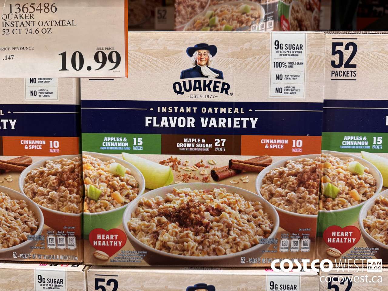 1365486 QUAKER INSTANT OATMEAL 52 CT 74.6 OZ $10.99