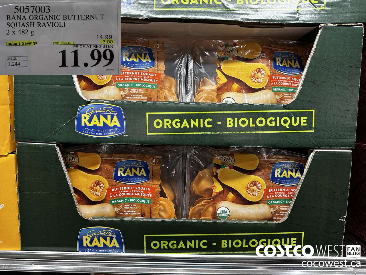 5057003 RANA ORGANIC BUTTERNUT SQUASH RAVIOLI 2 x 482 g ($3.00 INSTANT SAVINGS EXPIRES ON 2025-10-12) $11.99