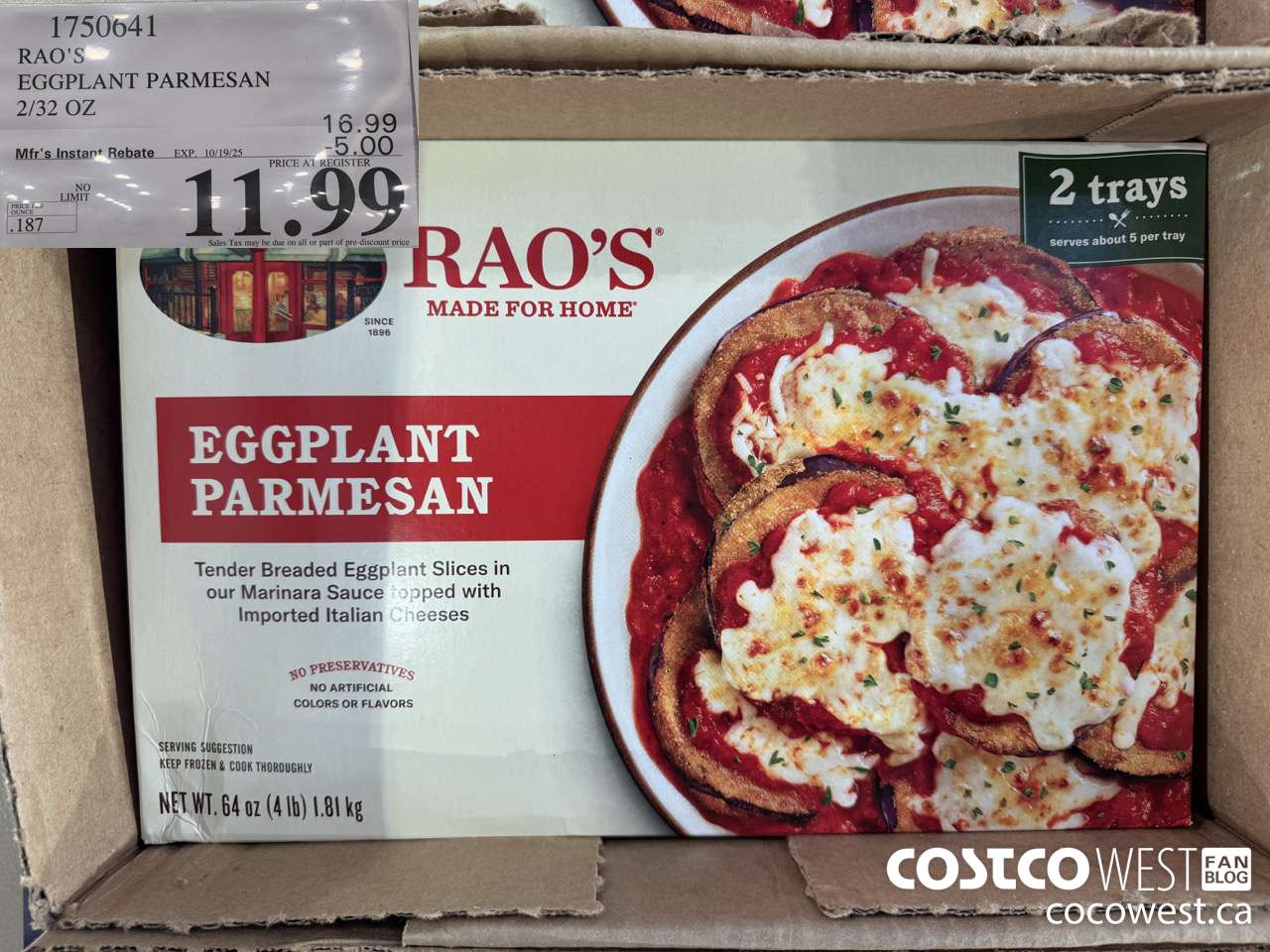 1750641 RAO'S EGGPLANT PARMESAN 2/32 OZ ($5.00 INSTANT SAVINGS EXPIRES ON 2025-10-19) $11.99