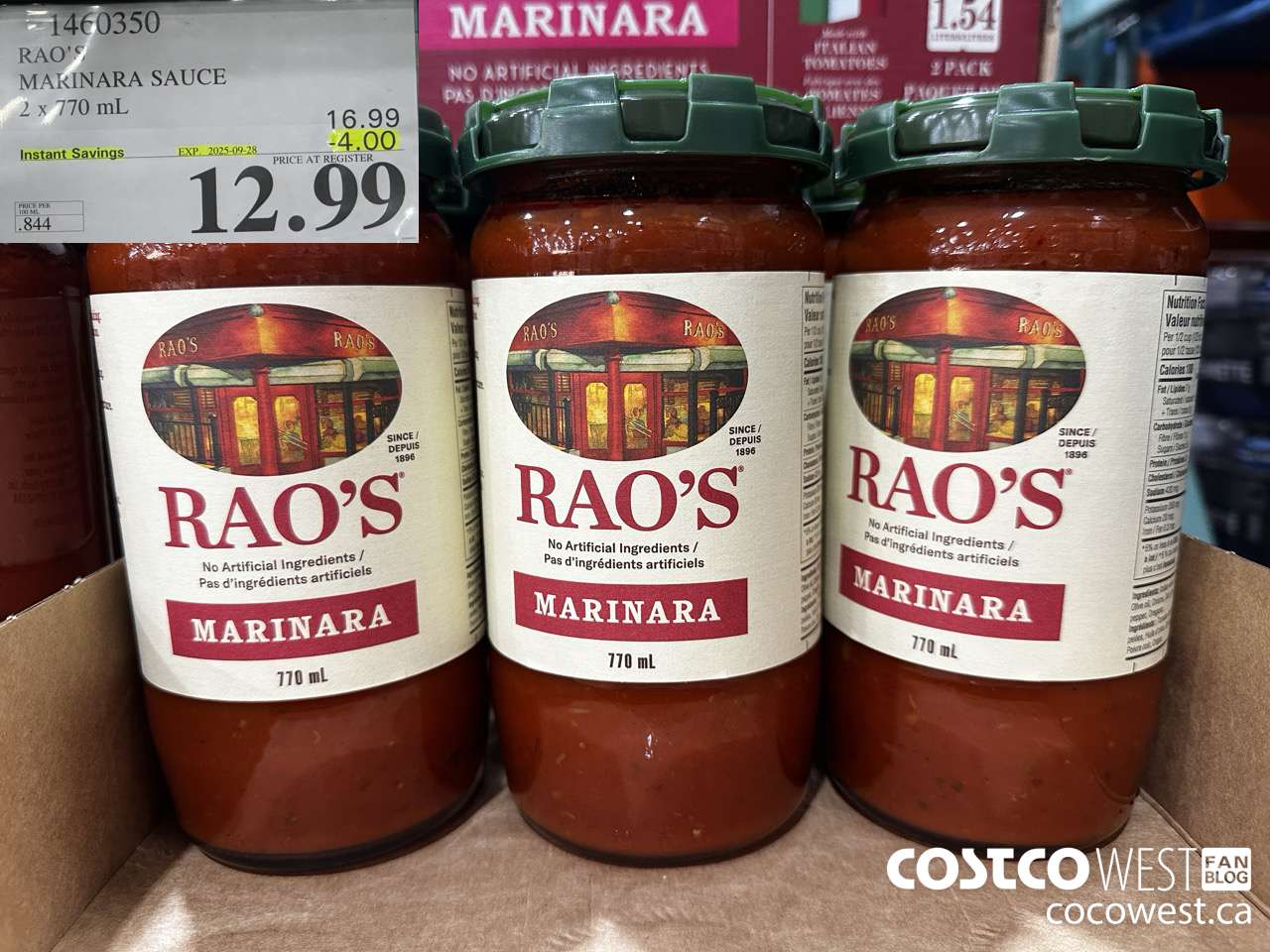 1460350 RAO'S MARINARA SAUCE 2 x 770mL ($4.00 INSTANT SAVINGS EXPIRES ON 2025-09-28) $12.99