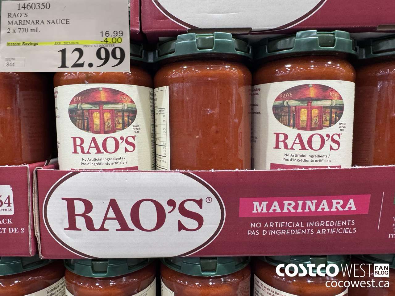 1460350 RAO'S MARINARA SAUCE 2 x 770mL ($4.00 INSTANT SAVINGS EXPIRES ON 2025-09-28) $12.99