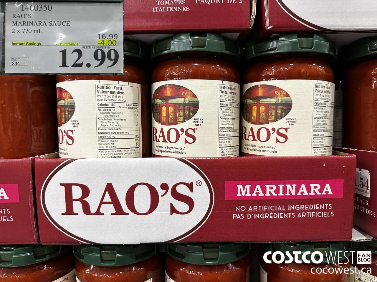 1460350 RAO'S MARINARA SAUCE 2 x 770mL ($4.00 INSTANT SAVINGS EXPIRES ON 2025-09-28) $12.99