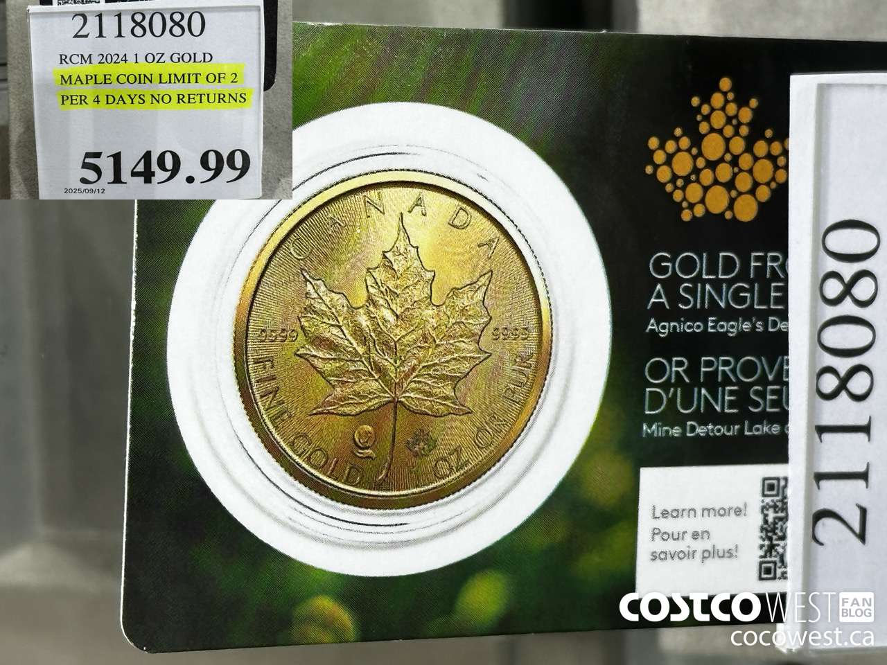 2118080 RCM 2024 1 OZ GOLD. MAPLE COIN LIMIT OF 2 PER 4 DAYS NO RETURNS $5149.99