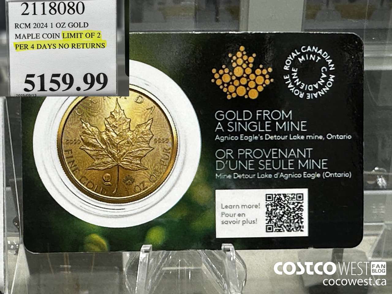 2118080 RCM 2024 1 OZ GOLD. MAPLE COIN LIMIT OF 2 PER 4 DAYS NO RETURNS $5159.99