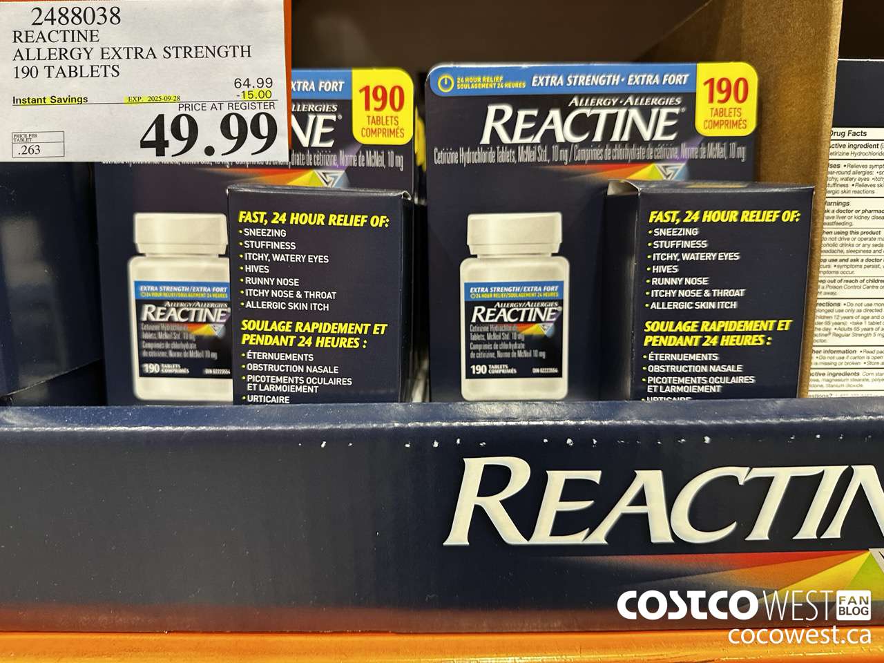 2488038 REACTINE ALLERGY EXTRA STRENGTH 190 TABLETS ($15.00 INSTANT SAVINGS EXPIRES ON 2025-09-28) $49.99