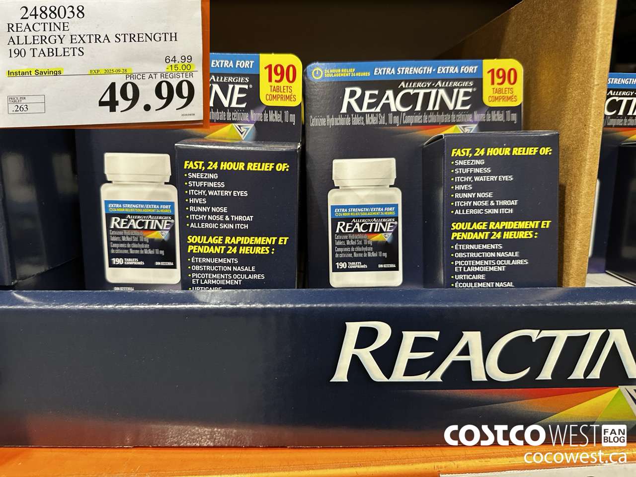 2488038 REACTINE ALLERGY EXTRA STRENGTH 190 TABLETS ($15.00 INSTANT SAVINGS EXPIRES ON 2025-09-28) $49.99