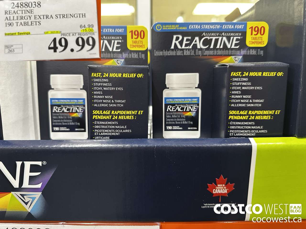 2488038 REACTINE ALLERGY EXTRA STRENGTH 190 TABLETS ($15.00 INSTANT SAVINGS EXPIRES ON 2025-09-28) $49.99