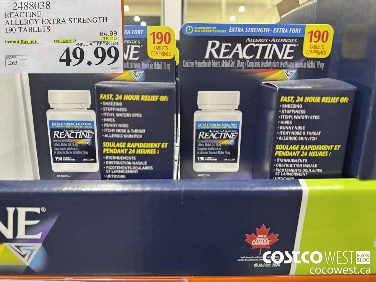 2488038 REACTINE ALLERGY EXTRA STRENGTH 190 TABLETS ($15.00 INSTANT SAVINGS EXPIRES ON 2025-09-28) $49.99