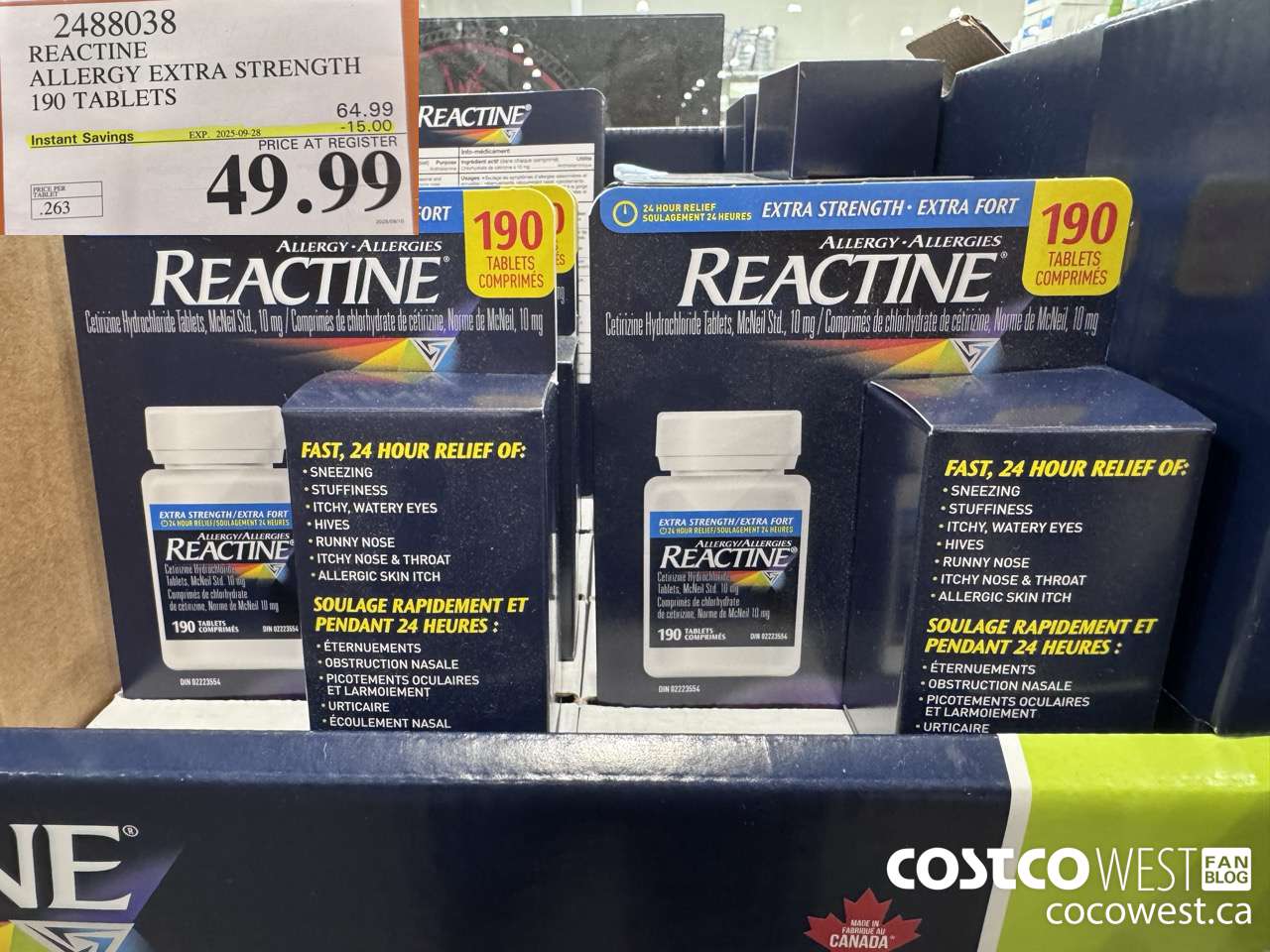 2488038 REACTINE ALLERGY EXTRA STRENGTH 190 TABLETS ($15.00 INSTANT SAVINGS EXPIRES ON 2025-09-28) $49.99