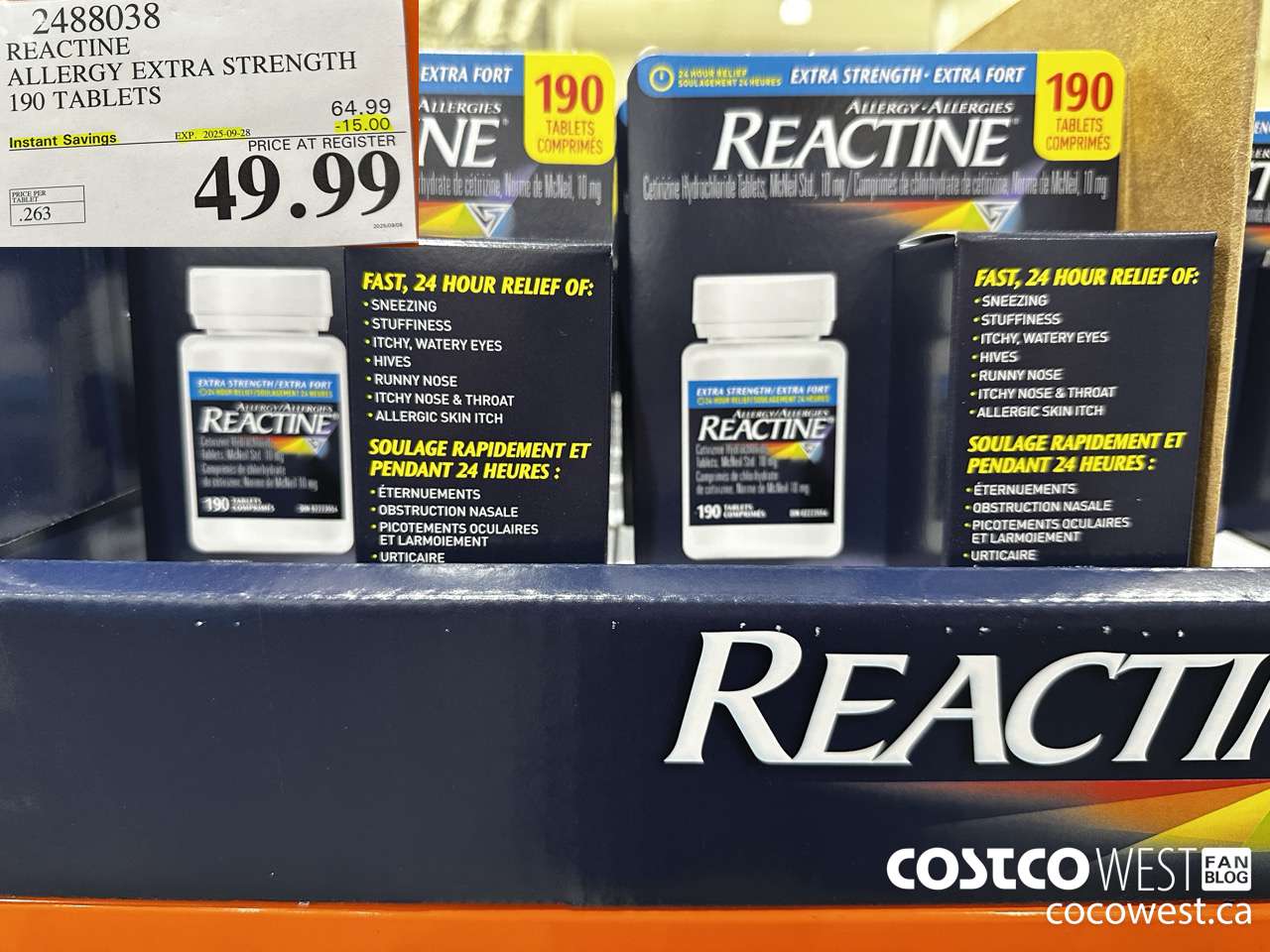 2488038 REACTINE ALLERGY EXTRA STRENGTH 190 TABLETS ($15.00 INSTANT SAVINGS EXPIRES ON 2025-09-28) $49.99