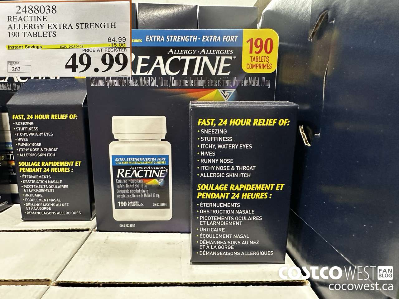 2488038 REACTINE ALLERGY EXTRA STRENGTH 190 TABLETS ($15.00 INSTANT SAVINGS EXPIRES ON 2025-09-28) $49.99