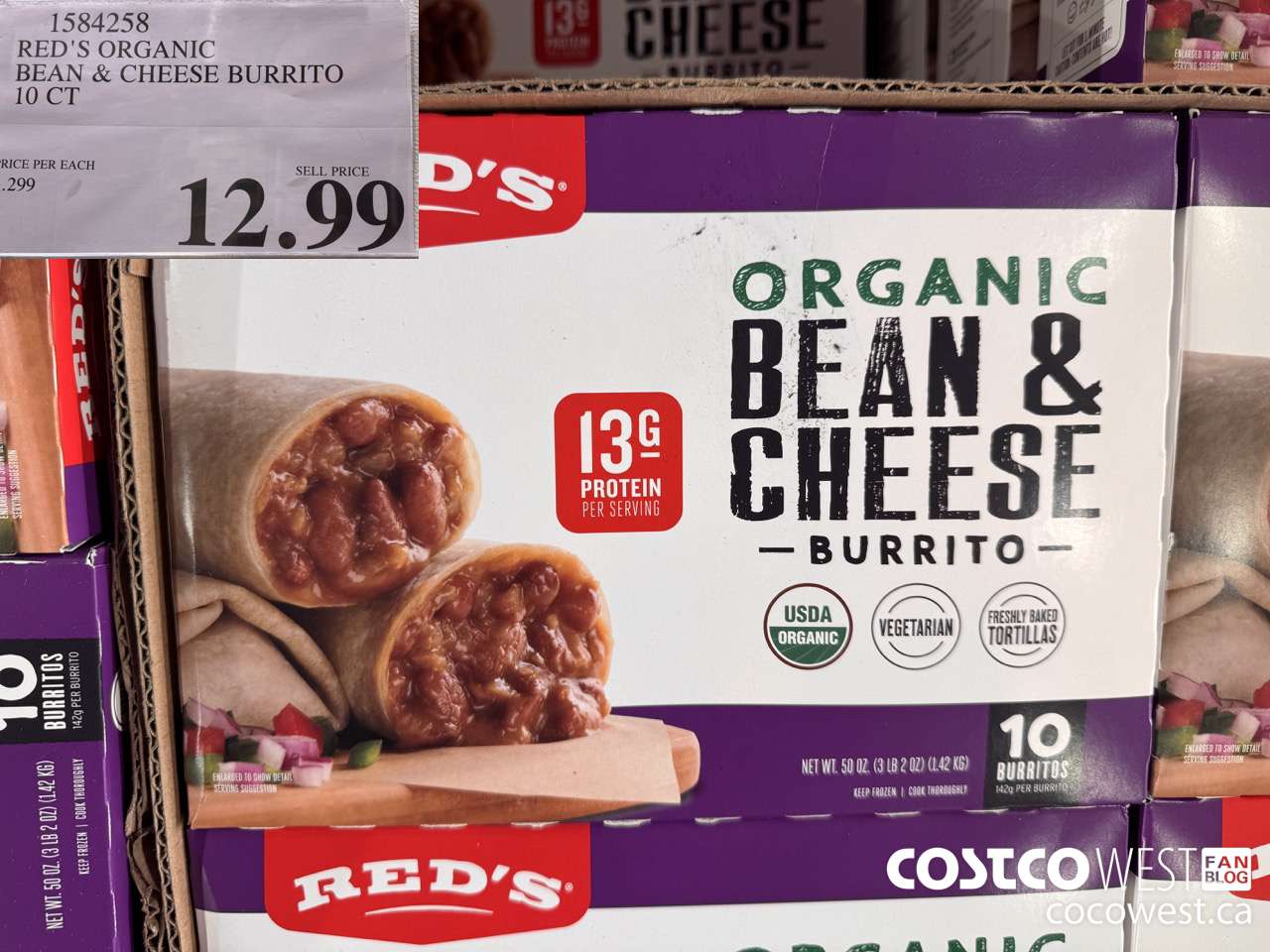 1584258 RED'S ORGANIC BEAN & CHEESE BURRITO 10 CT $12.99