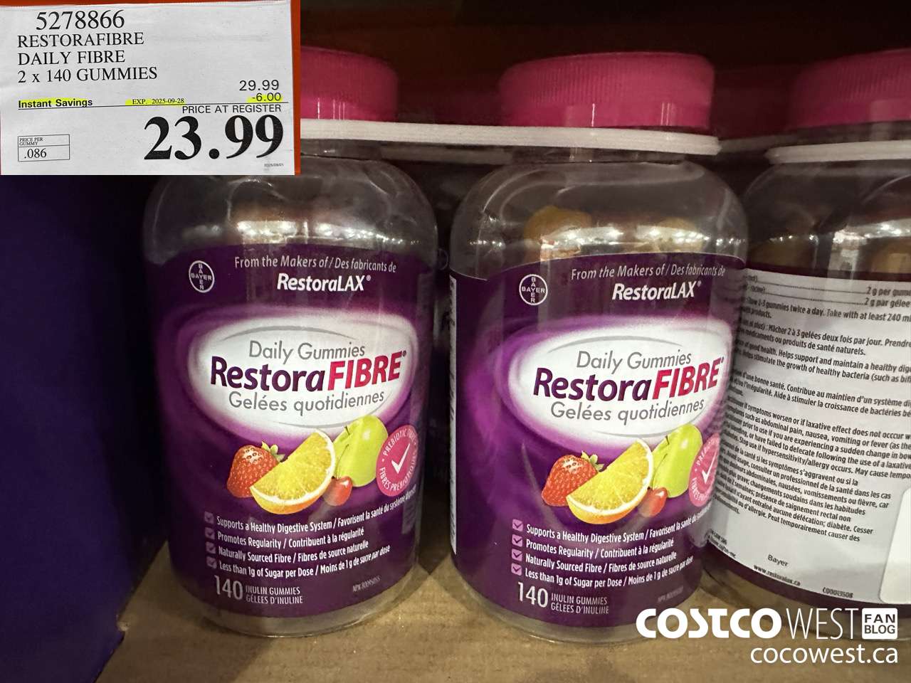 5278866 RESTORAFIBRE DAILY FIBRE 2 X 140 GUMMIES ($6.00 INSTANT SAVINGS EXPIRES ON 2025-09-28) $23.99