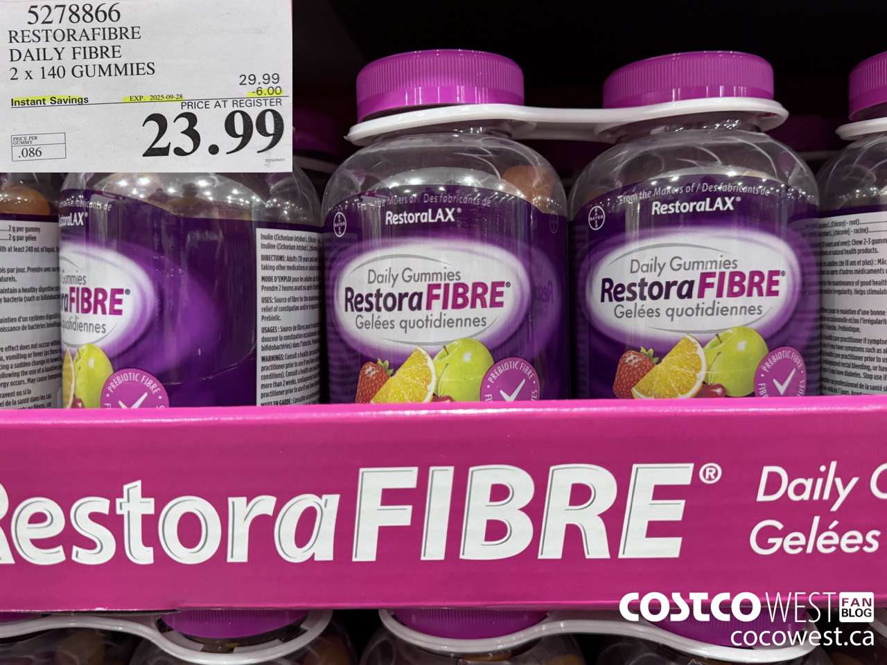 5278866 RESTORAFIBRE DAILY FIBRE 2 X 140 GUMMIES ($6.00 INSTANT SAVINGS EXPIRES ON 2025-09-28) $23.99