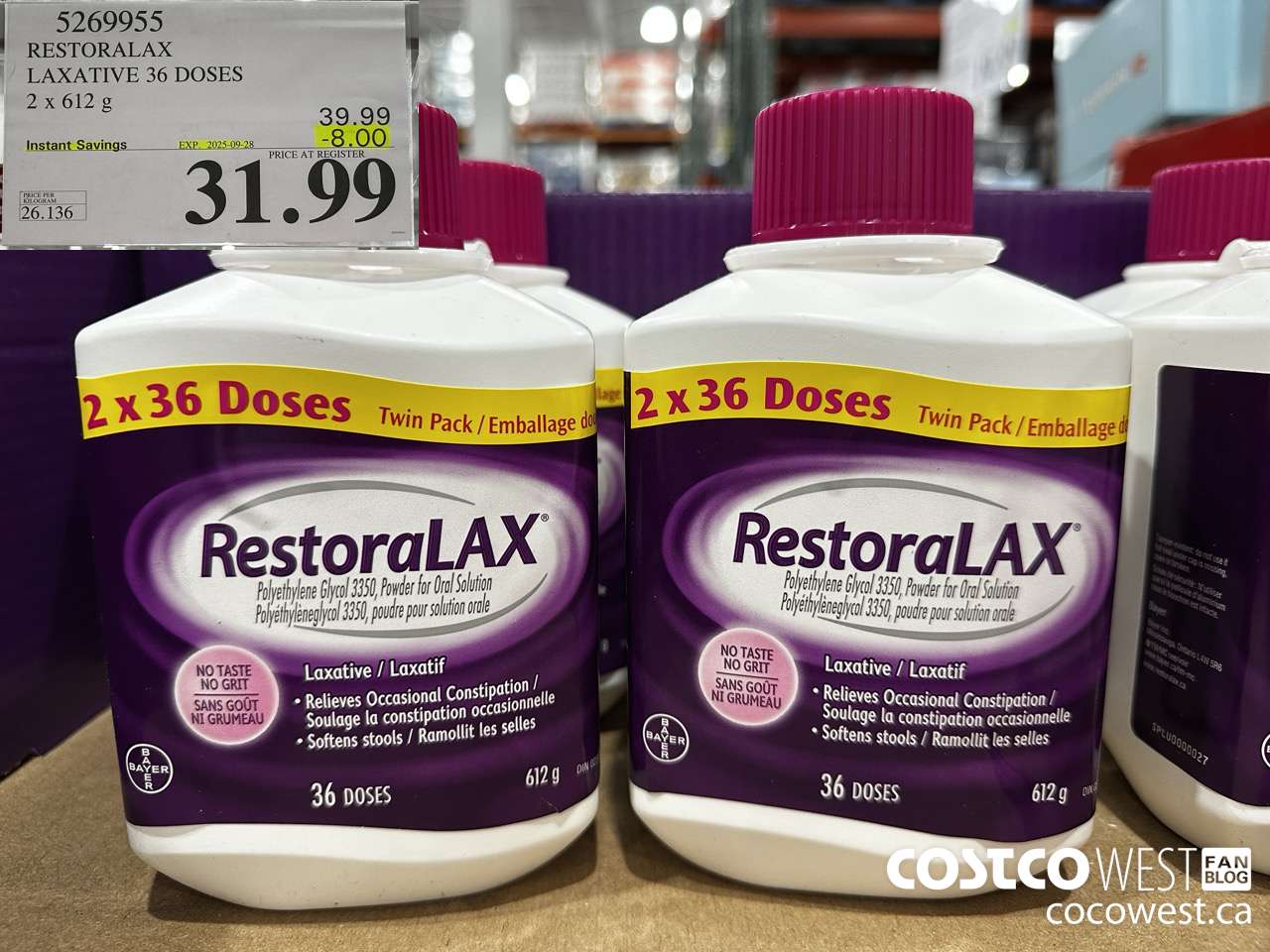 5269955 RESTORALAX LAXATIVE 2 X 36 DOSES ($8.00 INSTANT SAVINGS EXPIRES ON 2025-09-28) $31.99