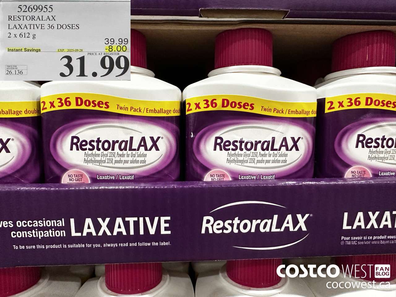 5269955 RESTORALAX LAXATIVE 2 X 36 DOSES ($8.00 INSTANT SAVINGS EXPIRES ON 2025-09-28) $31.99