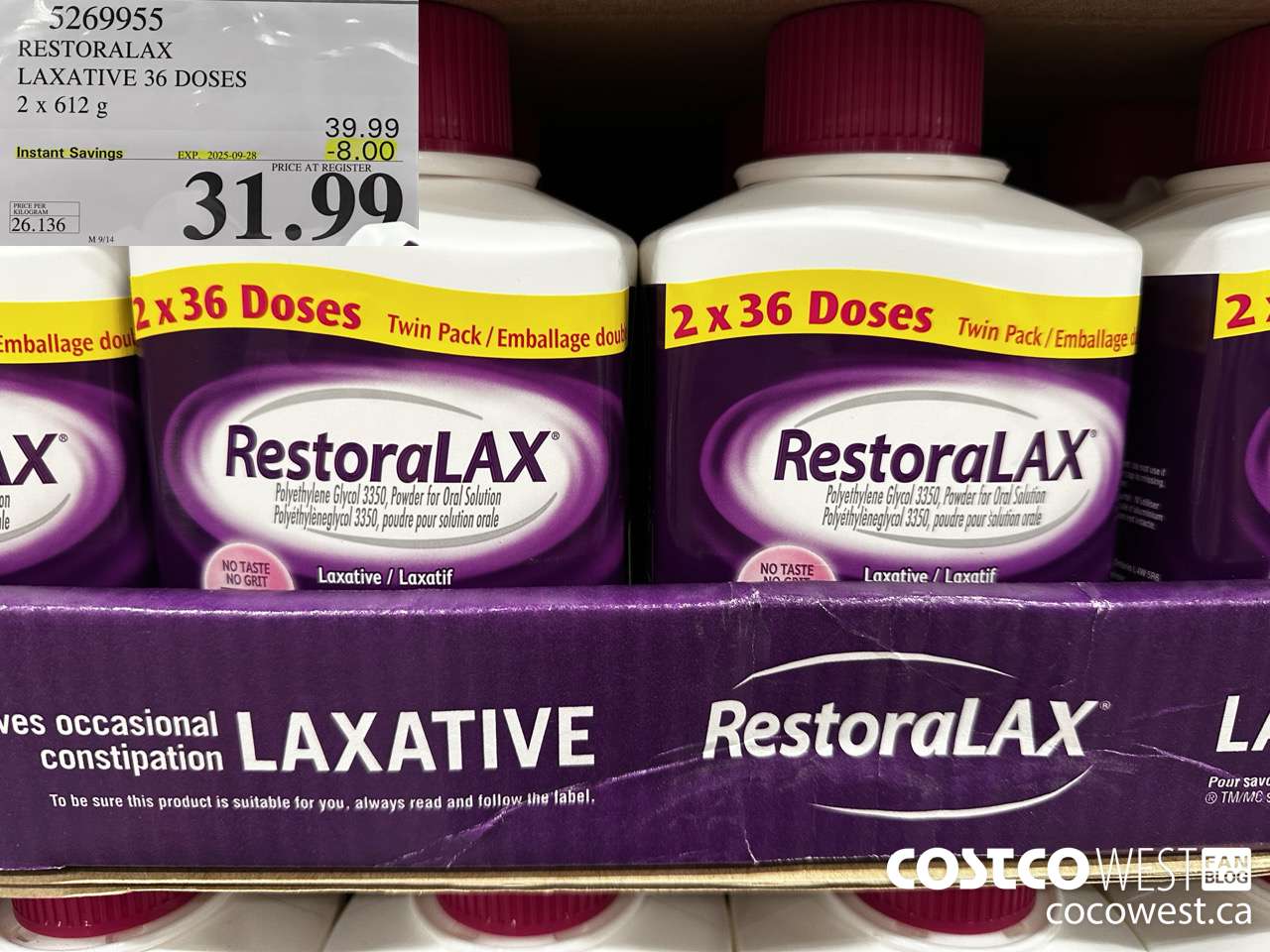 5269955 RESTORALAX LAXATIVE 2 X 36 DOSES ($8.00 INSTANT SAVINGS EXPIRES ON 2025-09-28) $31.99