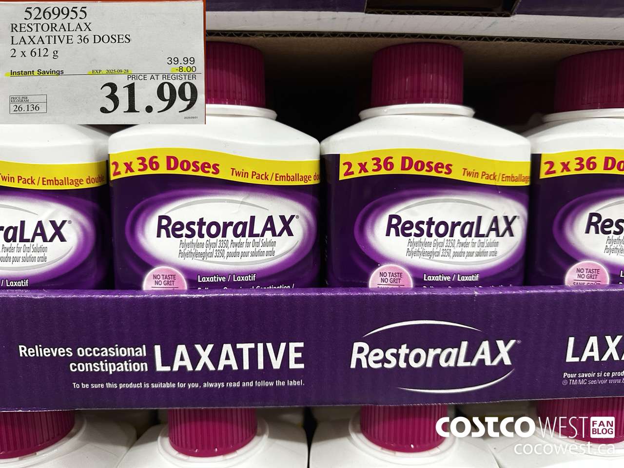 5269955 RESTORALAX LAXATIVE 2 X 36 DOSES ($8.00 INSTANT SAVINGS EXPIRES ON 2025-09-28) $31.99