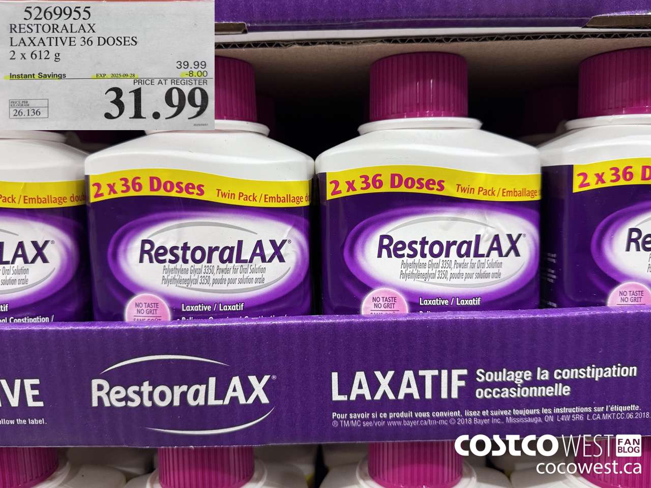 5269955 RESTORALAX LAXATIVE 2 X 36 DOSES ($8.00 INSTANT SAVINGS EXPIRES ON 2025-09-28) $31.99