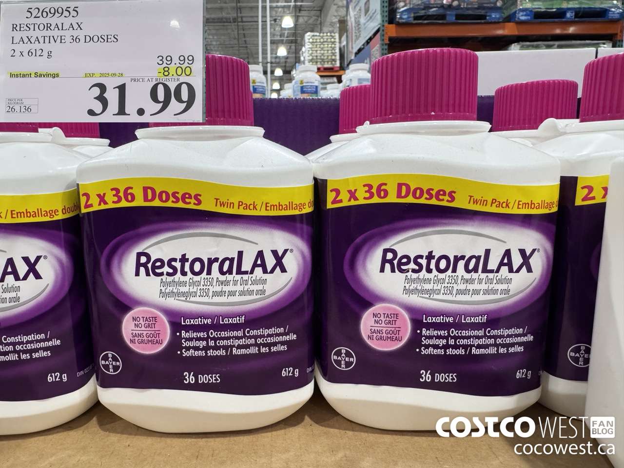 5269955 RESTORALAX LAXATIVE 2 X 36 DOSES ($8.00 INSTANT SAVINGS EXPIRES ON 2025-09-28) $31.99