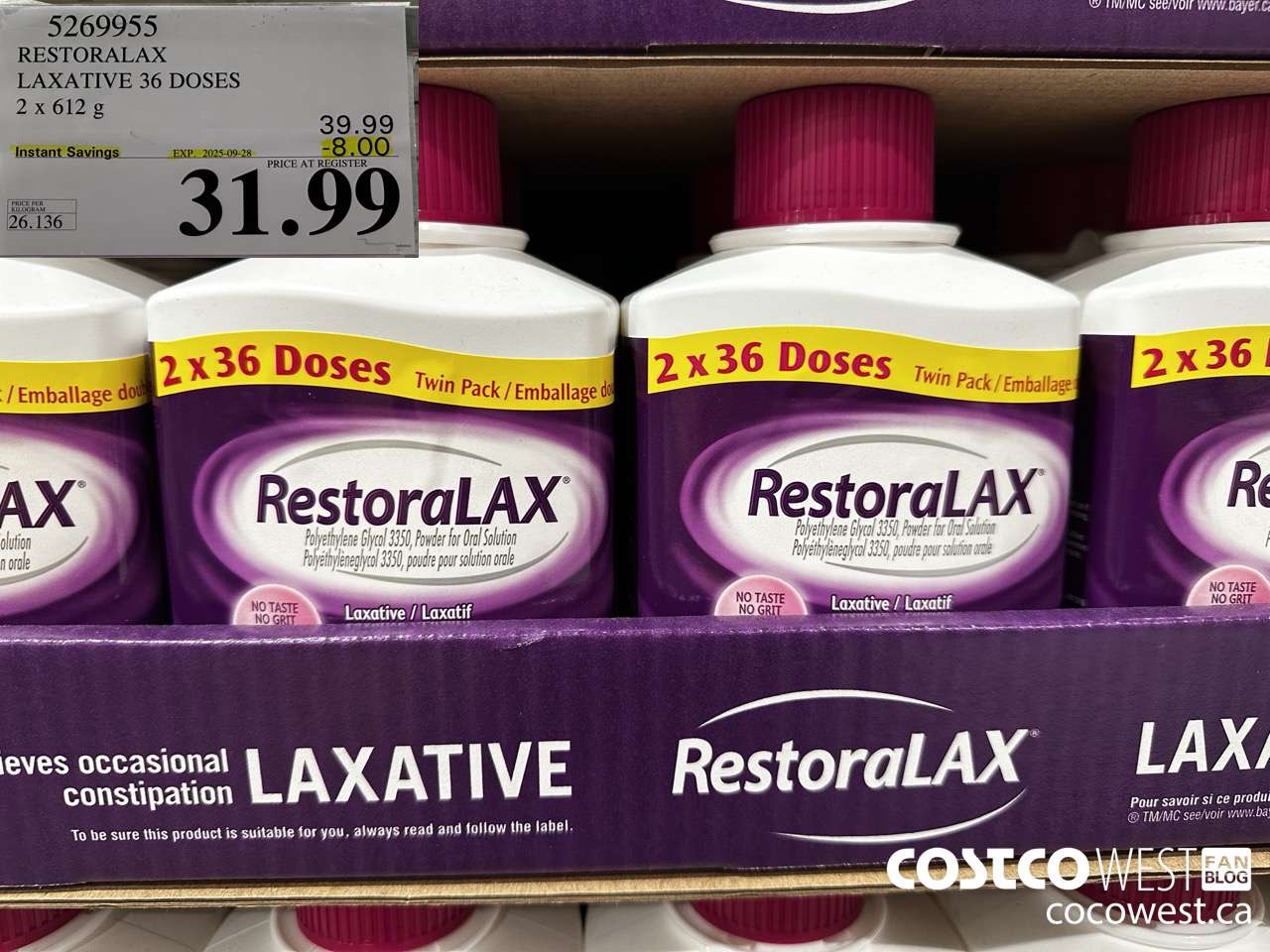 5269955 RESTORALAX LAXATIVE 2 X 36 DOSES ($8.00 INSTANT SAVINGS EXPIRES ON 2025-09-28) $31.99