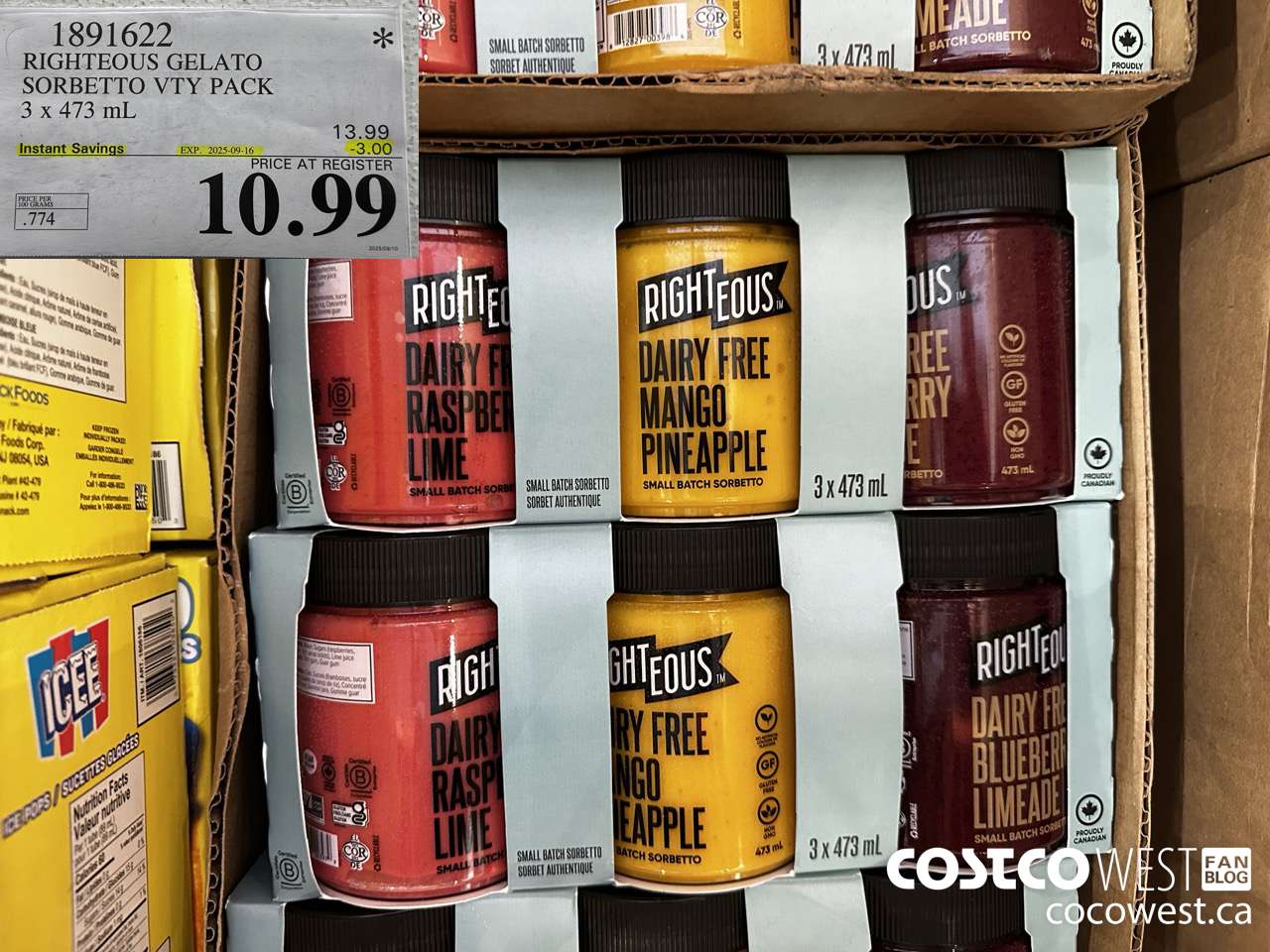 1891622 RIGHTEOUS GELATO SORBETTO VTY PACK 3 X 473ML ($3.00 INSTANT SAVINGS EXPIRES ON 2025-09-16) $10.99