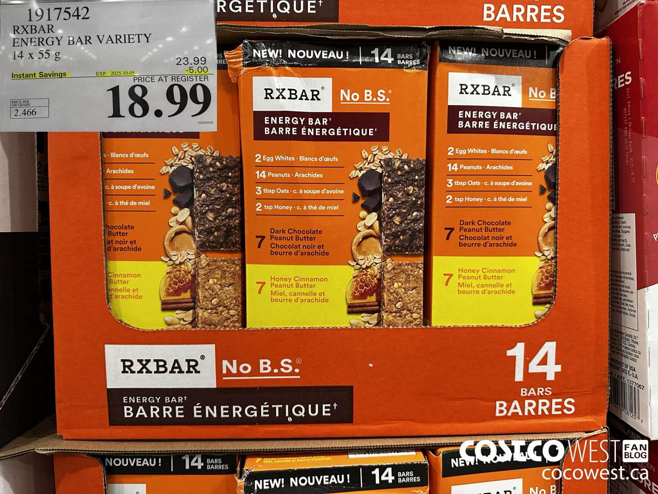 1917542 RXBAR ENERGY BAR VARIETY 14 X 55G ($5.00 INSTANT SAVINGS EXPIRES ON 2025-10-05) $18.99