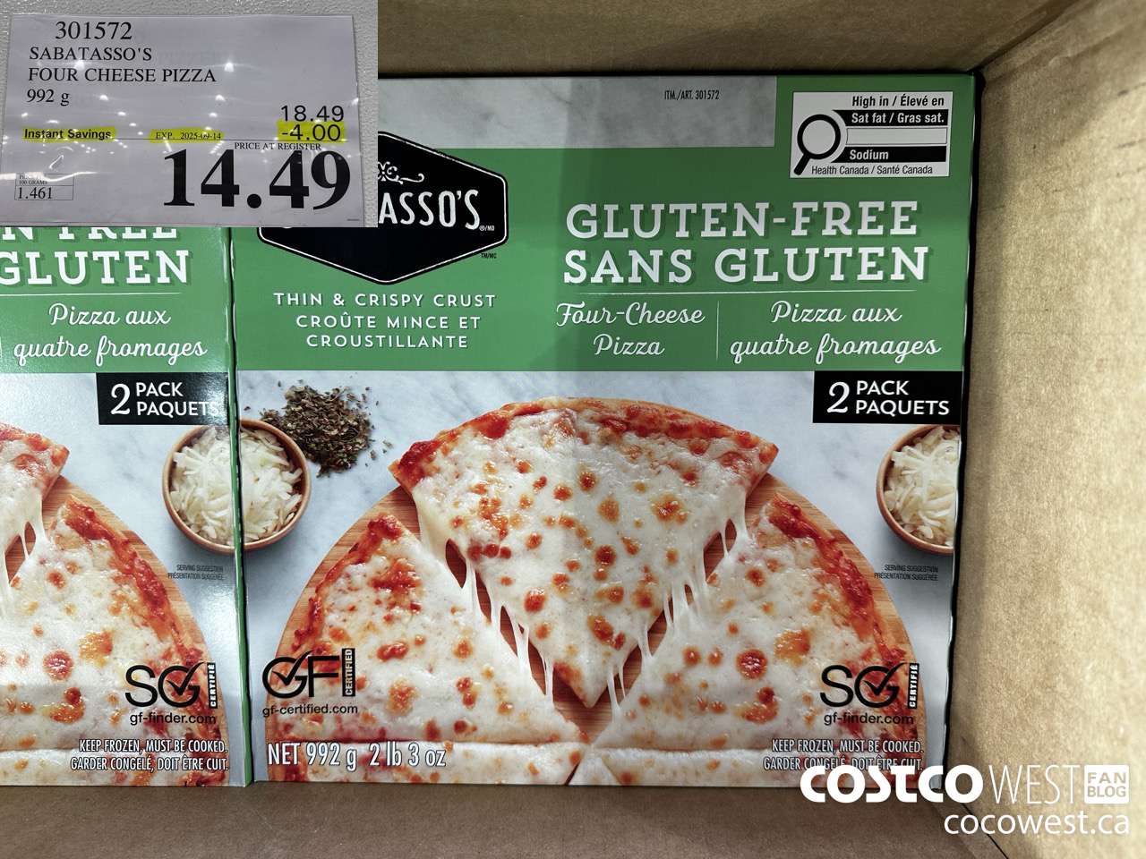 301572 SABATASSO'S GLUTEN-FREE CHEESE PIZZA 2 X 496 G ($4.00 INSTANT SAVINGS EXPIRES ON 2025-09-14) $14.49